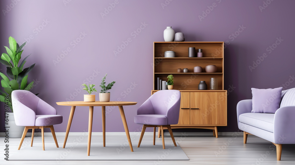 Fototapeta premium Lavender purple scandinavian modern living room interior design. Generative AI