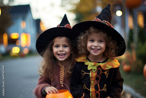 Young siblings dressed in Halloween costumes during Trick-or-Treat