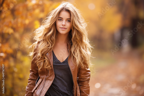 Young smile blonde woman walking at park in autumn morning