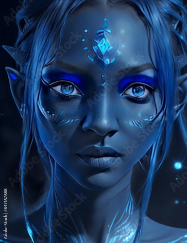 blue humanoid avatar with bioluminescent avatar markings dots and patterns on their skin. Pointed elf ears. avatar like hair, hair colour black, sparkling glowing blue eyes, slightly shimmery iridesce photo