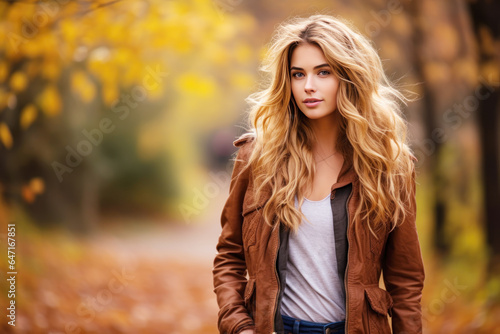 Young smile blonde woman walking at park in autumn morning