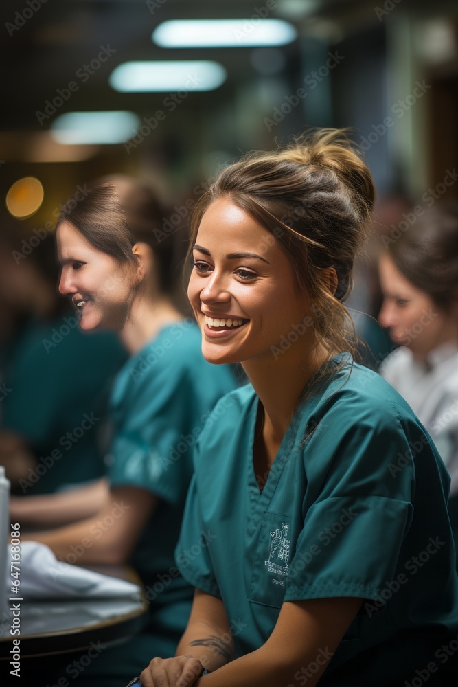 Nurse interacting with a diverse group of colleagues, fostering teamwork and camaraderie, Generative AI Nurse interacting with a diverse group of colleagues, fostering teamwork and camaraderie, Generative AI