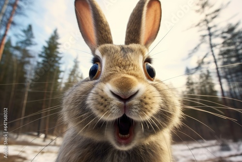 Rabbit close-up head portrait:  funny rabbit making selfie, ai generative. © mariof