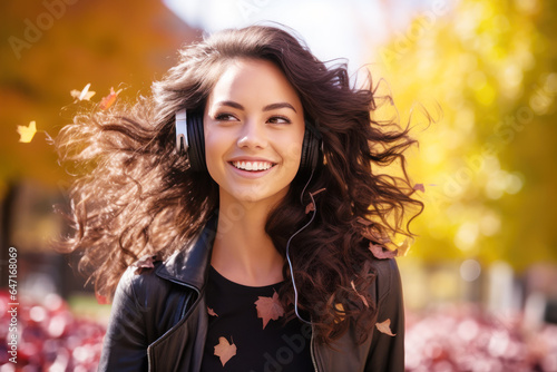 Smile black hair woman wear headset walking at park in autumn morning