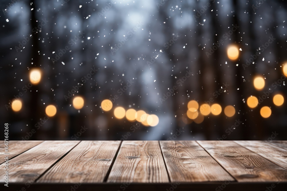 Empty wooden table outdoors, blur trees and Christmas bokeh lights background, template Empty wooden table outdoors, blur trees and Christmas bokeh lights background, template