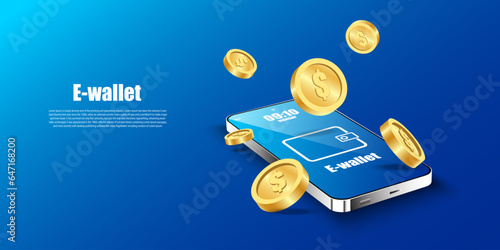 digital wallet and coin on mobile.Mobile design concept is an online wallet with coins.