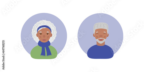 Grandma and grandpa. Avatar of dark-skinned grandparents. Elderly people with gray hair. Vector illustration