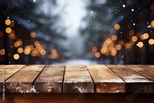 Empty wooden table outdoors, blur trees and Christmas bokeh lights background, template