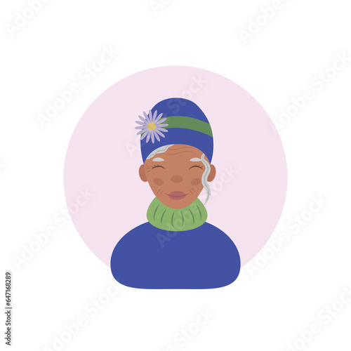 Grandmother. Dark-skinned gray-haired grandmother. An avatar of a grandmother in a cartoon style. Vector illustration isolated on a white background