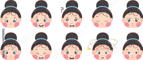 A set of a cute baby girl's face with emotions and sensations. Emotion, joy, confusion, calmness, anger, sadness, disgust, fright, dizziness, indifference. Vector illustration