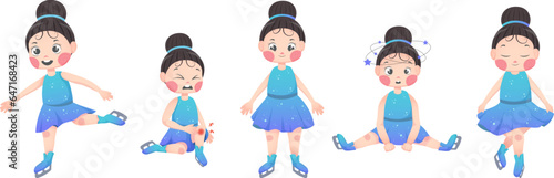 Cartoon girl figure skater in a sporty blue dress with sequins in different poses. Emotions and sensations, pain, joy, tenderness, dizziness, greeting. Vector illustration