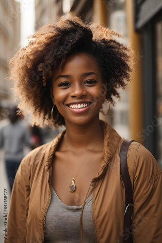 Closeup Portrait of a happy young adult African girl standing on a European city street. Image created using artificial intelligence.