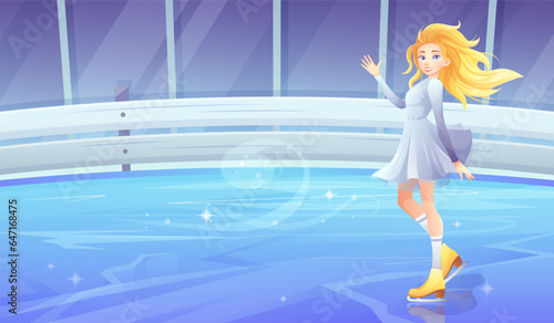 Girl figure skater on skates greets with hand on ice skating rink. Vector background for sports winter games, events, sports complexes, figure skating in cartoon style