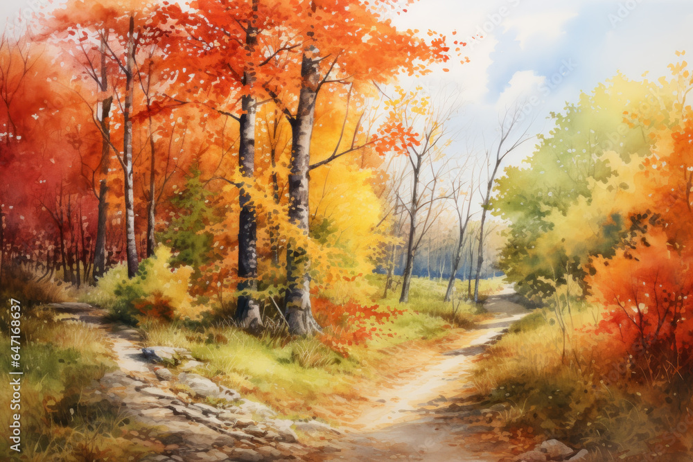Watercolor Autumn leaves abstract background, Colorful foliage in path