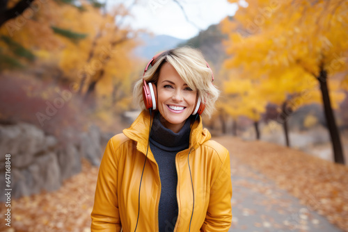 Smile short blonde and headset woman walking at park in autumn morning