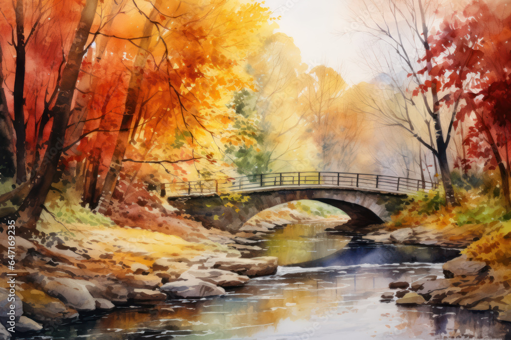 Watercolor Autumn leaves abstract background, bridge in forest foliage