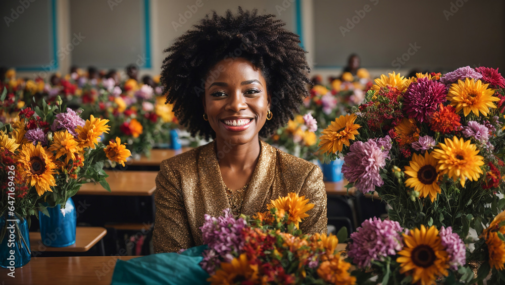African American teacher portrait with a bouquet of flowers