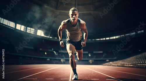 Male athlete runner sprinter young man running, workout goal and exercise for wellness, sport and training. Cardio on the track at the stadium. Muscular, sportive guy. Healthy lifestyle. Speed