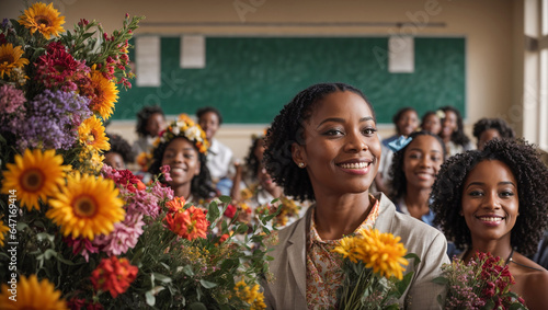 African American teacher portrait with a bouquet of flowers