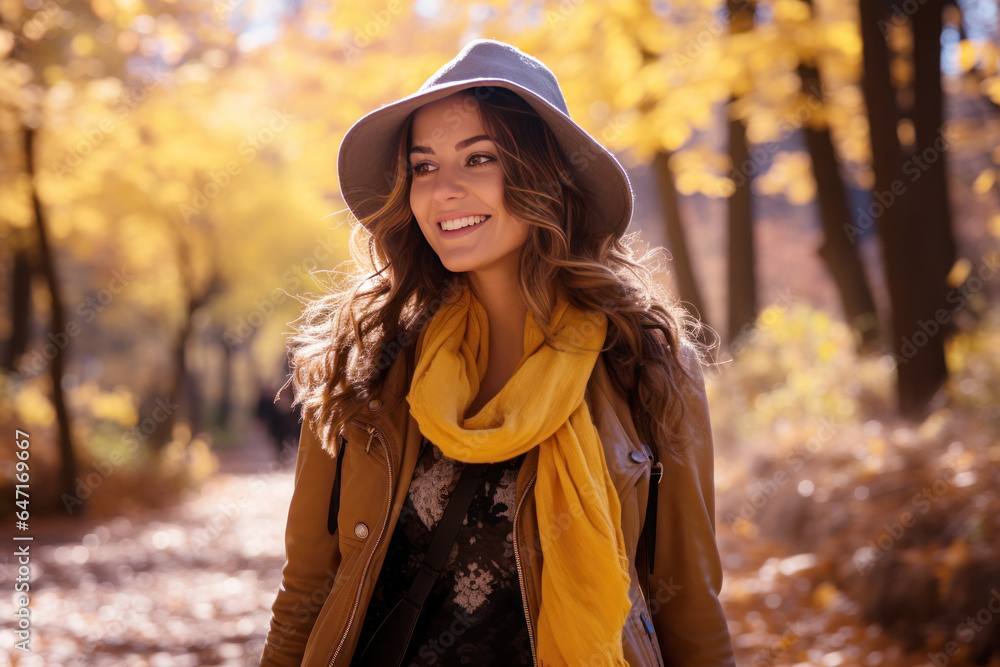 Young smile brunette woman walking at park in autumn morning Young smile brunette woman walking at park in autumn morning