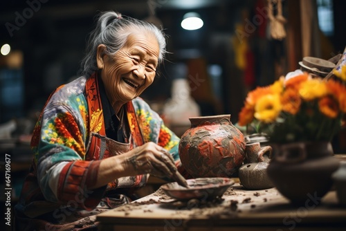 Elder asian woman sculptor in sculpture workspace  Generate With Ai.