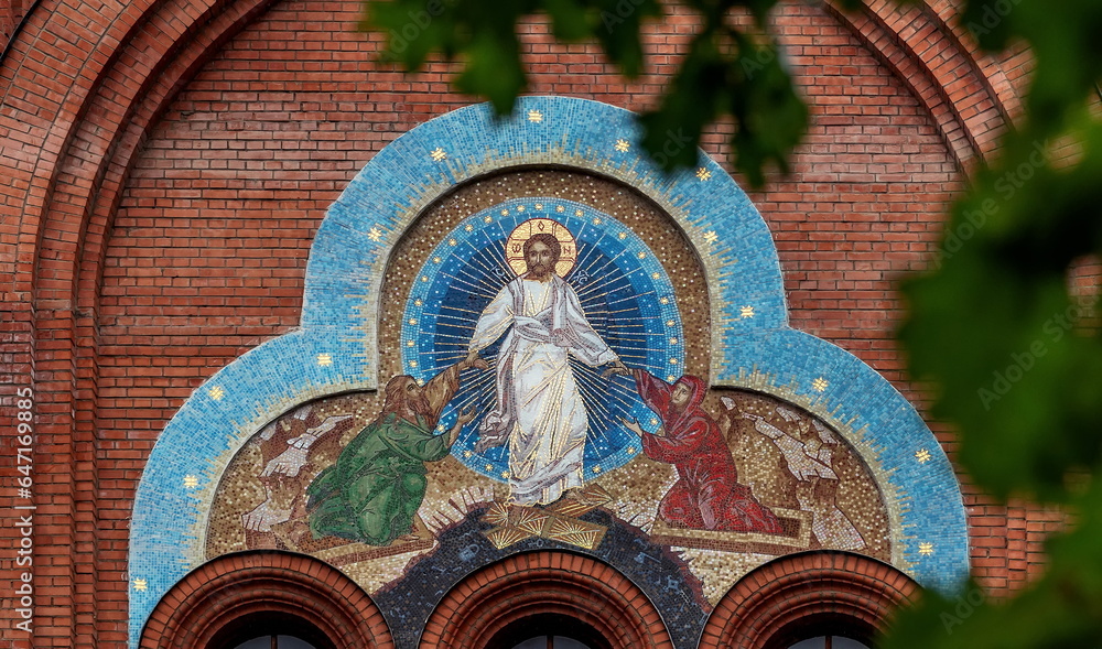 Mosaic icon on the wall of the Temple of the Archangel Michael
