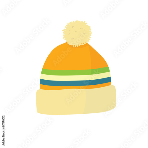 Cute yellow beanie with pom-pom flat illustration vector isolated on white background. Winter accessory for kid
