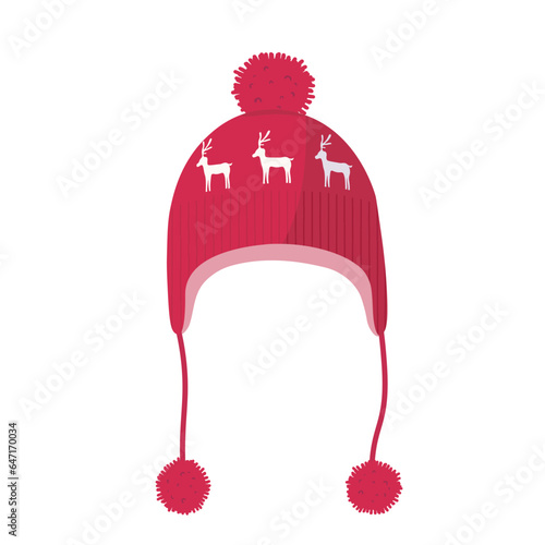 Pink red knitted earflap hat with pom-pom and reindeer pattern flat illustration vector isolated on white background. Winter accessory for kid girl