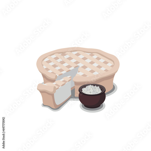 Pie and its piece with curd on a white background in a minimalist style