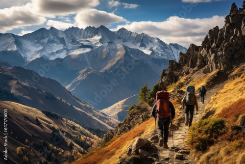 Hikers ascending a steep mountain trail, Generative AI