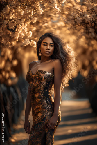African model in long evening dress - photoshoot in blossoming cherry park