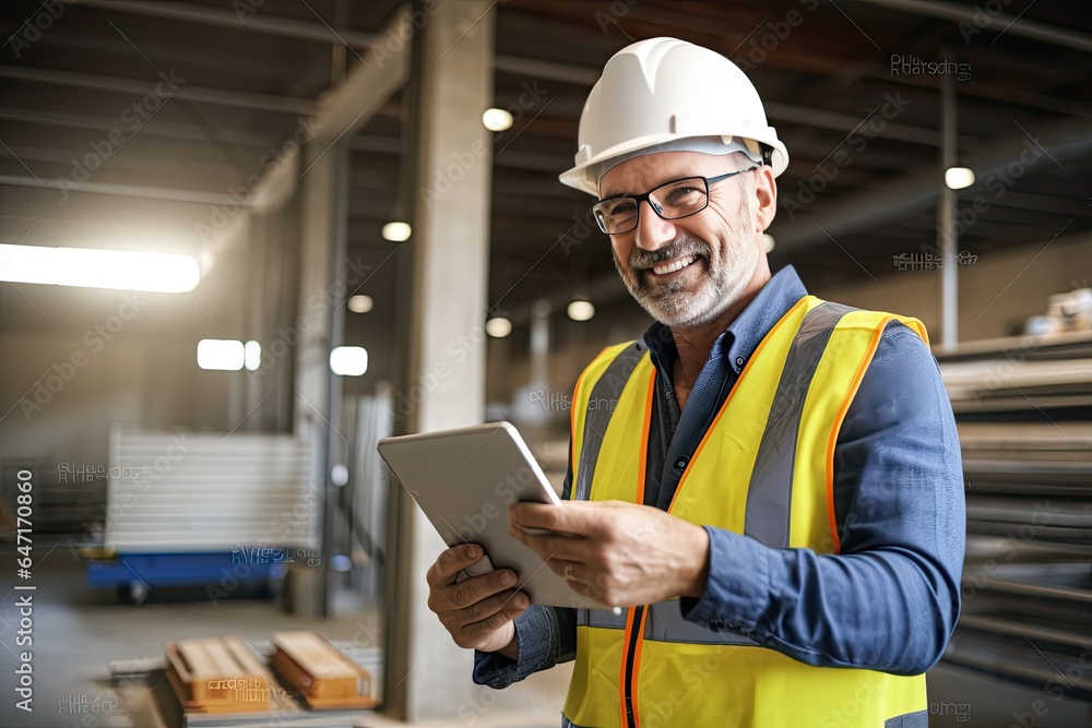 Photo of a middle agd Caucasian bearded engineer architect foreman on construction site with tablet computer. Photo of a middle agd Caucasian bearded engineer architect foreman on construction site with tablet computer.
