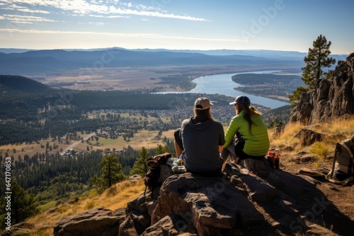 Hikers taking a break on a rocky outcrop, Generative AI