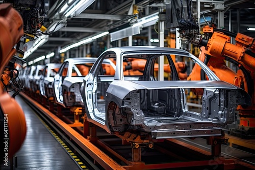 Mass production assembly line of modern cars in a busy factory Automatic construction, building, welding industrial production conveyor. Automobile assembly line production.