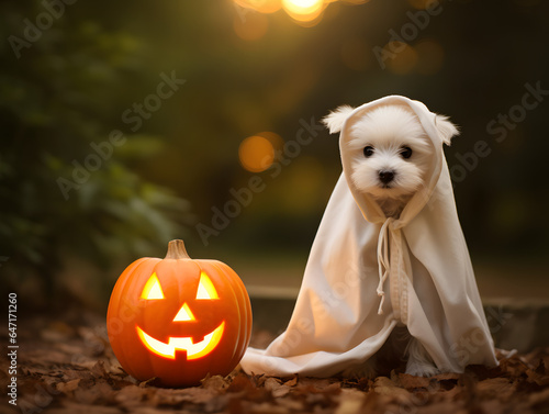 Cute Halloween dog in a hoodie next to a pumpkin in the forest