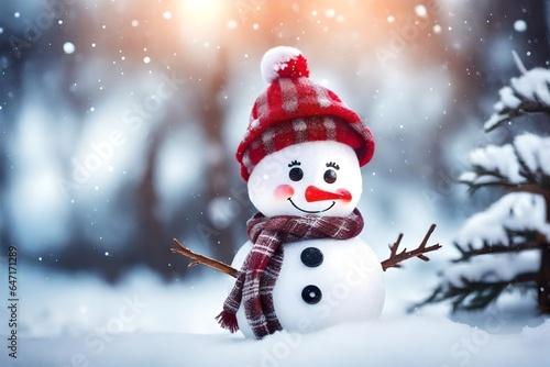 cute snowman with red hat, Generative Ai © Eduardo