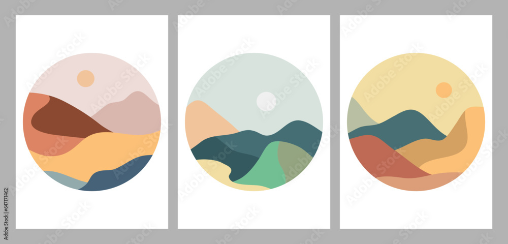 Set of Round Mountains logo. Round logo for stickers, poster logos, card. Minimalist style landscape illustrations of Mid century modern art with river, hills, wave