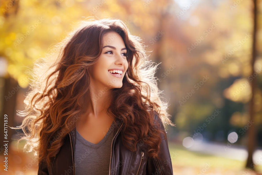 Young smile latin hispanic woman walking at park in autumn morning Young smile latin hispanic woman walking at park in autumn morning