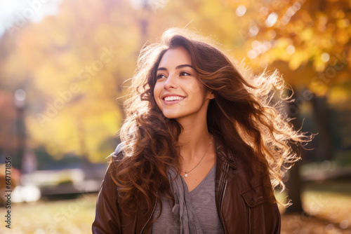 Young smile latin hispanic woman walking at park in autumn morning