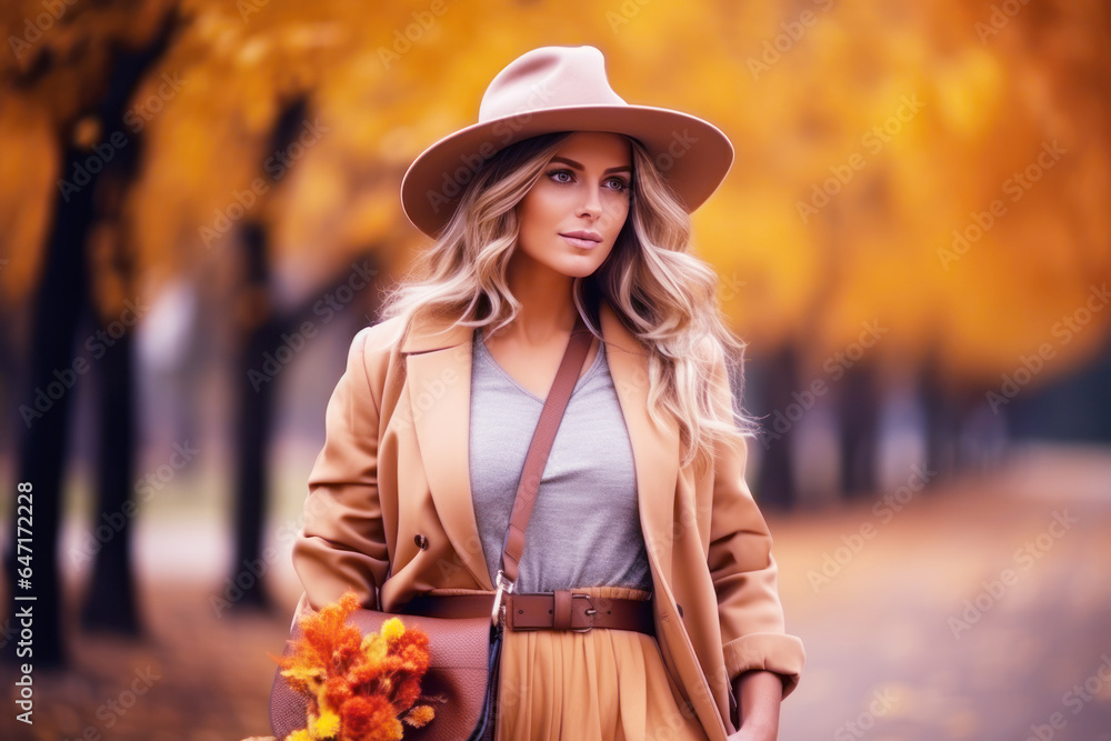 Young smile stylist woman walking at park in autumn morning, fashion