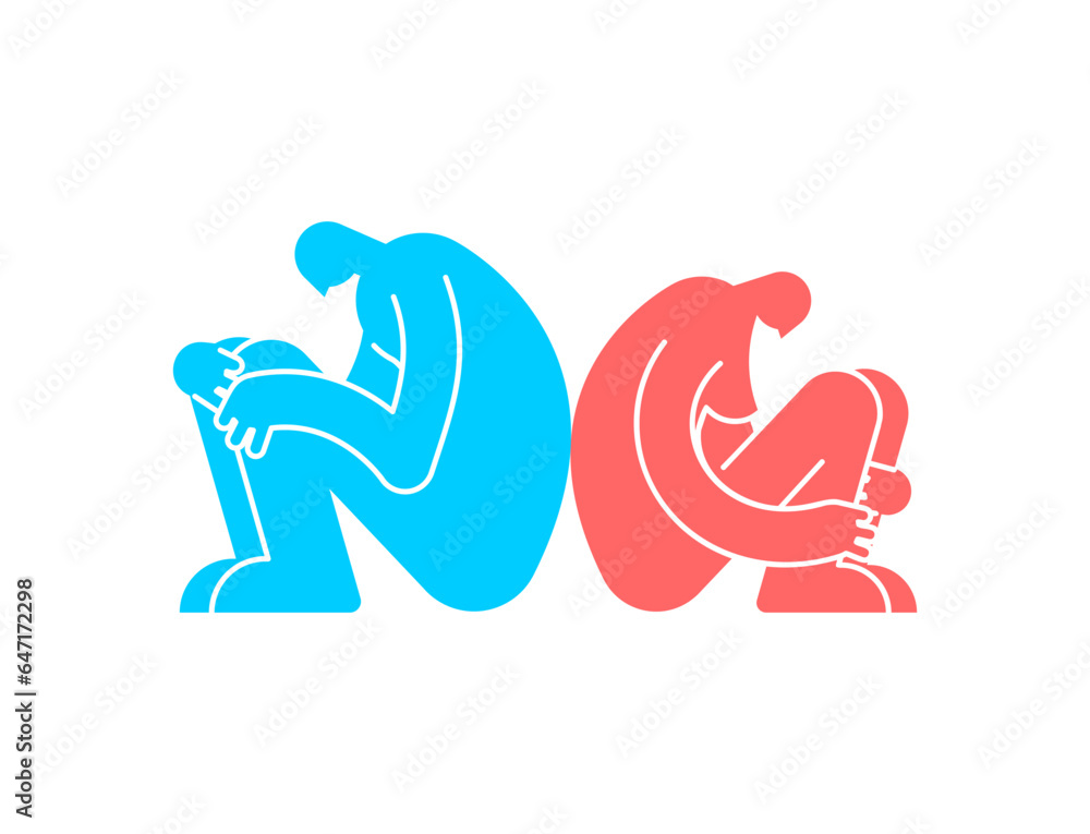 Lovers' quarrel. Two people are sitting with their faces turned away. Pain and disappointment in a partner. The concept of divorce and separation of a couple of loved ones. Lovers' quarrel. Two people are sitting with their faces turned away. Pain and disappointment in a partner. The concept of divorce and separation of a couple of loved ones.