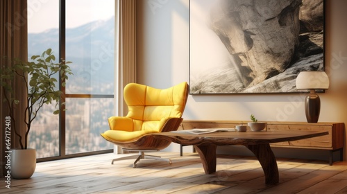 Wooden stump coffee table near vibrant yellow fabric wing chair against concrete wall with art poster Scandinavian interior design of modern living room.