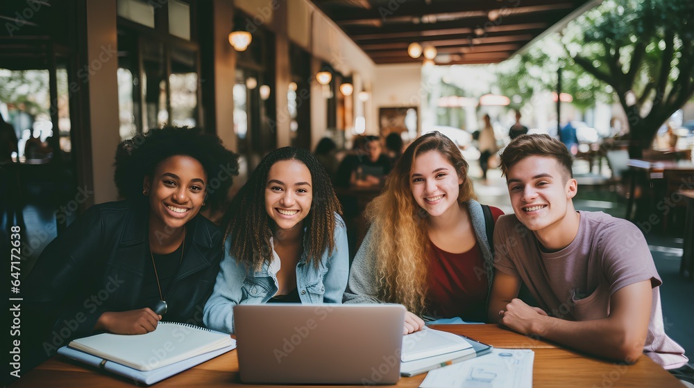 Multiracial university students sitting together at table with books and laptop. generative AI Multiracial university students sitting together at table with books and laptop. generative AI