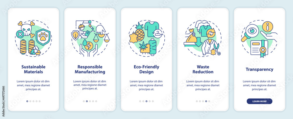 2D icons representing sustainable fashion mobile app screen set. Walkthrough 5 steps multicolor graphic instructions with thin linear icons concept, UI, UX, GUI template. 2D icons representing sustainable fashion mobile app screen set. Walkthrough 5 steps multicolor graphic instructions with thin linear icons concept, UI, UX, GUI template.
