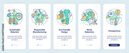 2D icons representing sustainable fashion mobile app screen set. Walkthrough 5 steps multicolor graphic instructions with thin linear icons concept, UI, UX, GUI template.