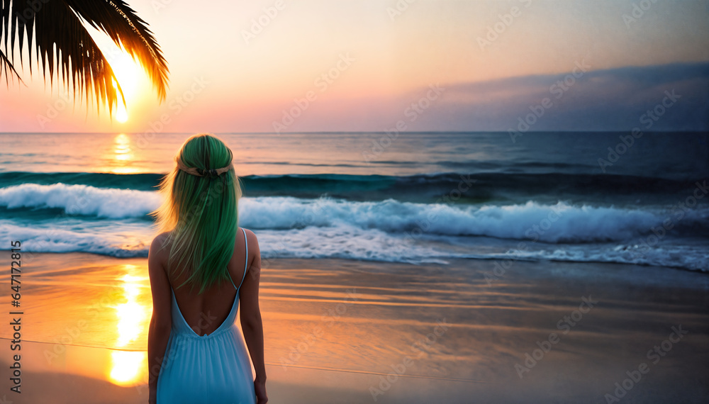 A woman with green hair stands on a beach at sunset with a palm tree in the foreground and the ocean in the background A woman with green hair stands on a beach at sunset with a palm tree in the foreground and the ocean in the background