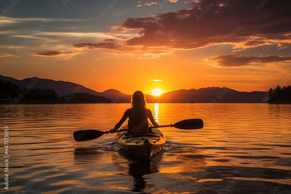 Model kayaking on a tranquil lake at sunset. Generative AI.