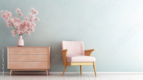 Interior of minimal living room with wooden chair, chest of drawers and vase with flowers near the wall, extremely modern and minimalistic style, pastel house, moody, window light, Generative AI.