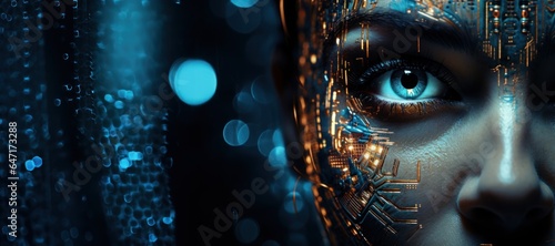 Complex detailed photograph of a cyborg face tech blur background. Generative AI. photo