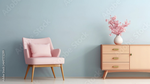 Interior of minimal living room with pink leather chair, chest of drawers and vase with flowers near the wall, extremely modern and minimalistic style, pastel house, window light, Generative AI.